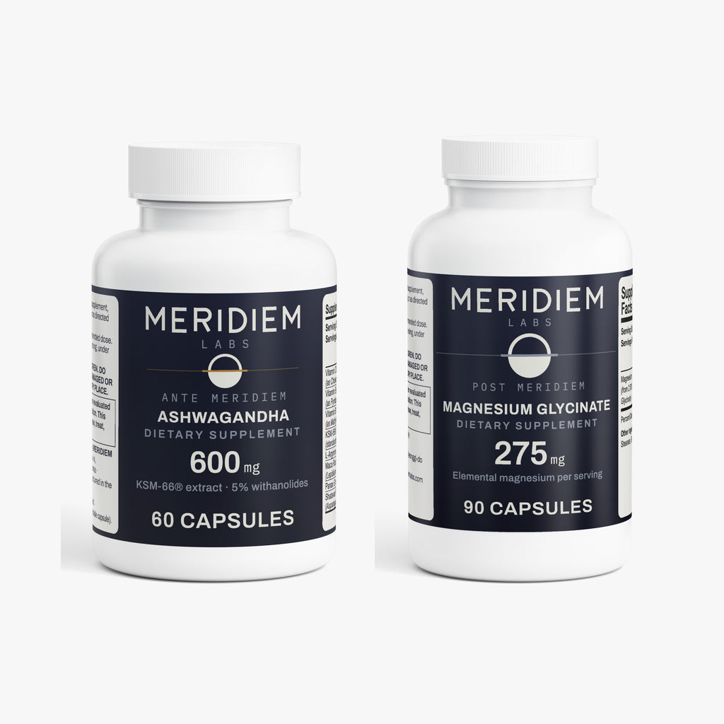 Ante Meridiem and Post Meridiem bottles — the MERIDIEM LABS Daily System