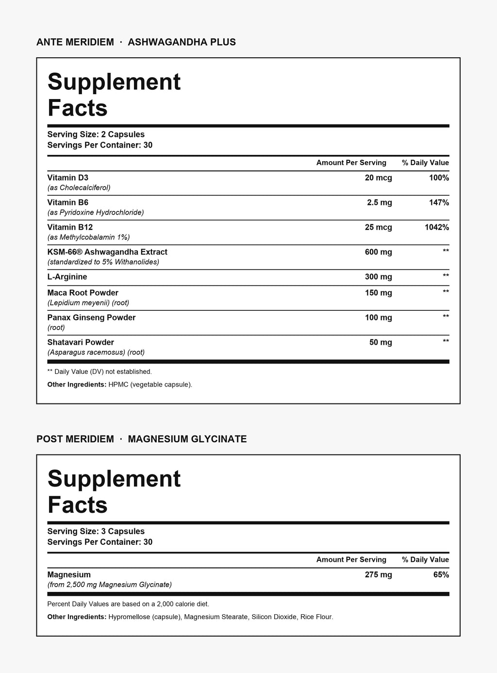 Supplement Facts panels — both formulas in the Daily System